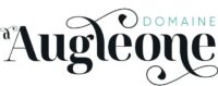 Logo du Domaine Augleone. Typographie noire élégante avec grandes boucles et empattements prononcés. Le mot DOMAINE est en bleu fin.